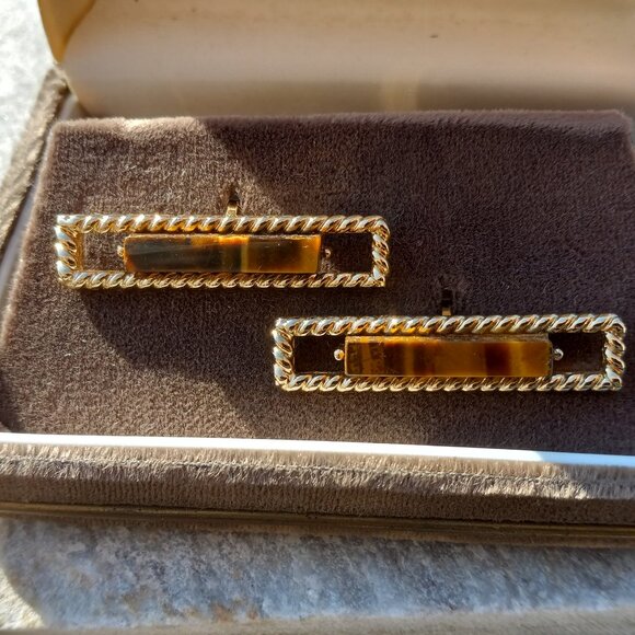 Swank Grand Prix TIGERS EYE Cufflinks Rectangular Gold Bars Original Vel… - Picture 3 of 15